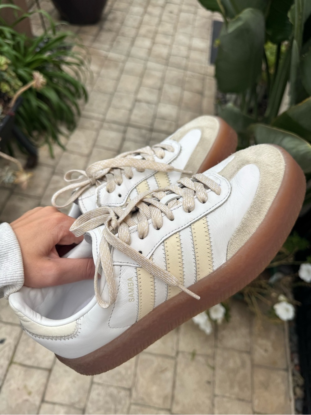 Adidas Sambae Platform Sneaker with White Upper and Cream Stripes, Gum Sole - Picture 3 of 6